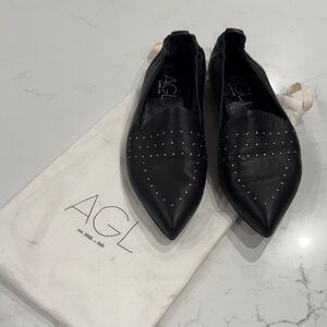 AGL Black Pointed-Toe Studded Leather Flats